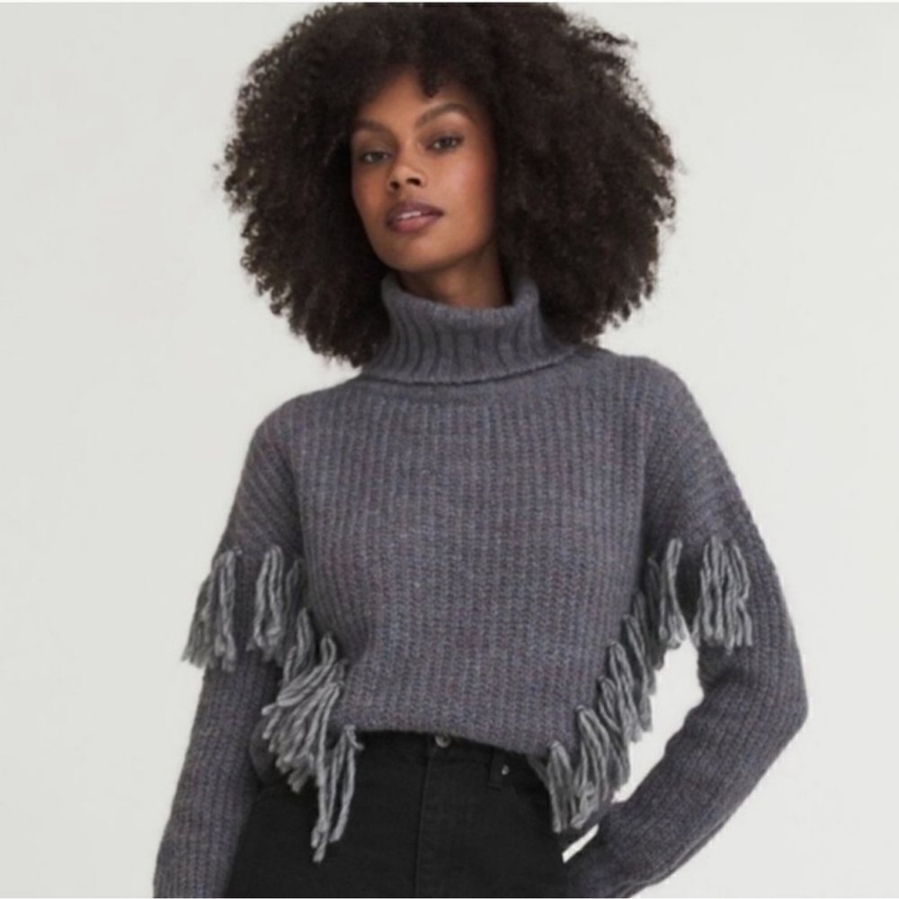 Revolve Something Navy Isla Fringe Turtleneck Sweater